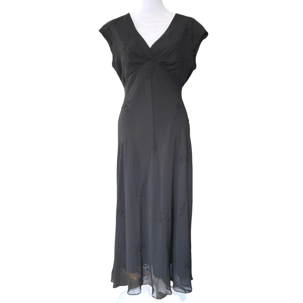 Vintage 1990s Beaded Sheer Empire Waist Black Midi Dress 10 Formal Silky Y2K - Picture 1 of 8